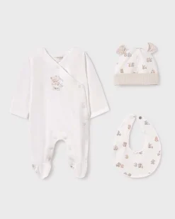 Set tutina cappellino e bavaglino avorio e beige con fantasia animaletti