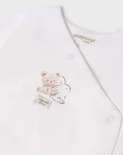 Set tutina cappellino e bavaglino avorio e beige con fantasia animaletti