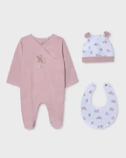 Set tutina cappellino e bavaglino rosa e bianco con fantasia animaletti