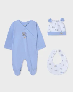 Set tutina cappellino e bavaglino azzurro e bianco con fantasia animaletti