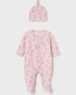 Set tutina rosa in jersey di cotone con cappellino abbinato in fantasia aquiloni