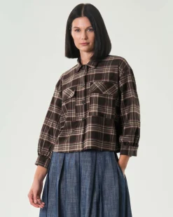 Shacket Hlo! a fantasia check marrone e beige in misto viscosa
