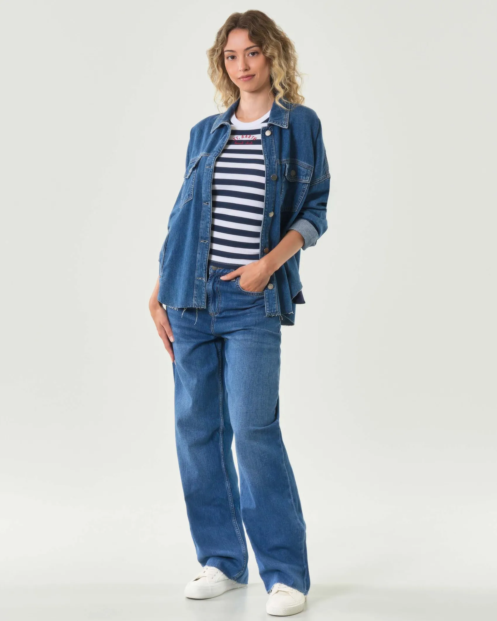 Shacket over blu Liu Jo in denim di cotone con fondo sfrangiato