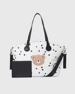 Shopper bianca in similpelle a pois neri con patch orsetto e fasciatoio pieghevole in coordinato