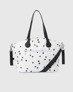 Shopper bianca in similpelle a pois neri con patch orsetto e fasciatoio pieghevole in coordinato