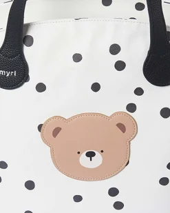 Shopper bianca in similpelle a pois neri con patch orsetto e fasciatoio pieghevole in coordinato