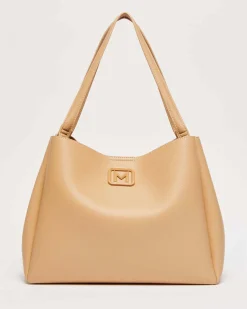 Shopping bag colore cammello Marella in similpelle liscia con fibbia logo smaltata tono su tono