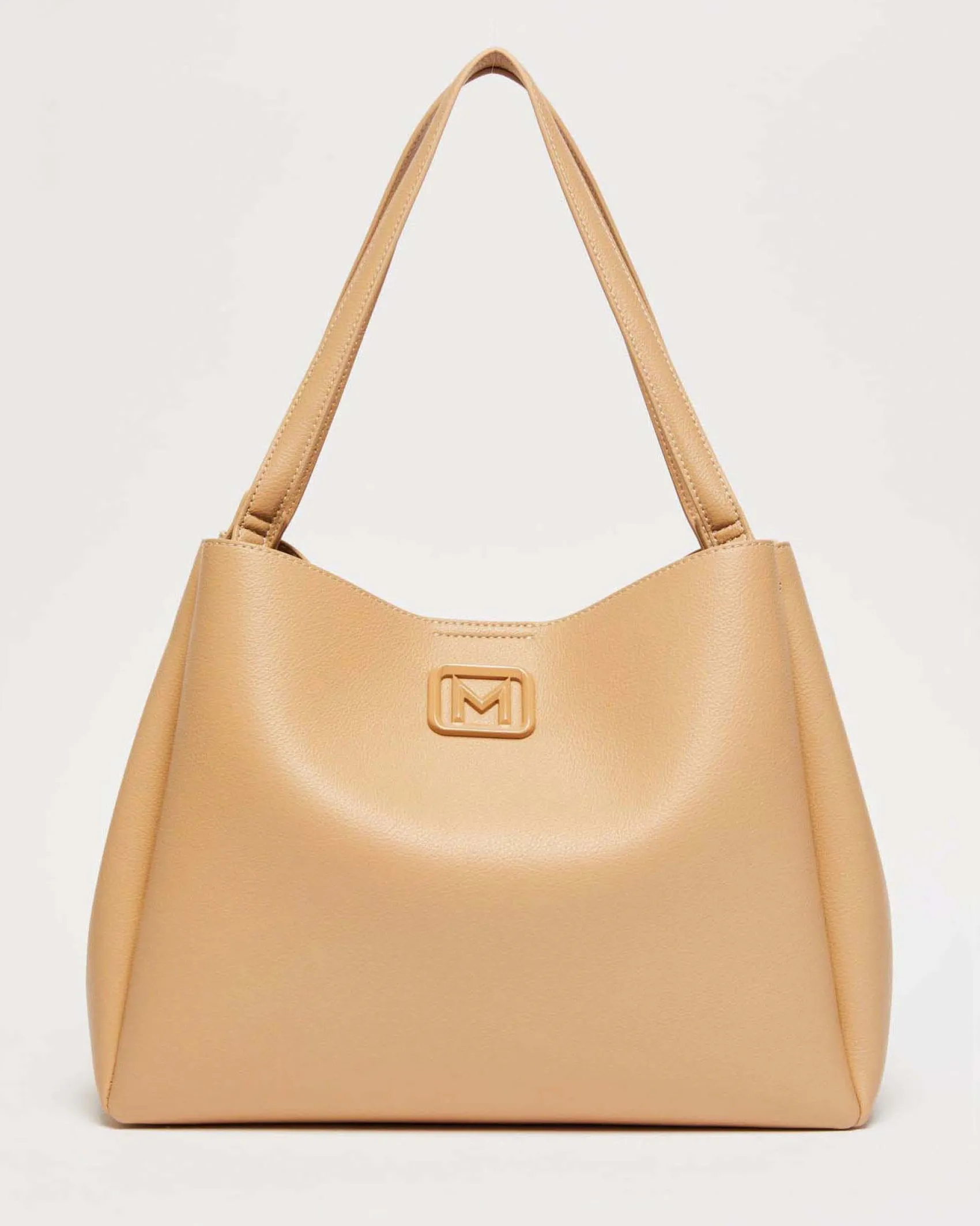 Shopping bag colore cammello Marella in similpelle liscia con fibbia logo smaltata tono su tono