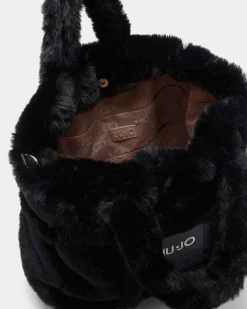 Shopping bag Liu Jo Sport nera in ecopelliccia con tracolla a righe