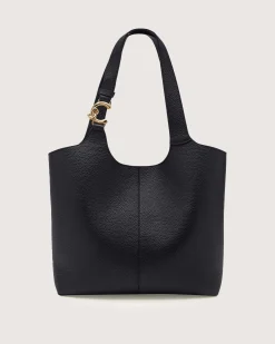 Shopping bag nera Coccinelle C-Easy Large in pelle bottolata Dettaglio logo C-Me in metallo