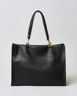 Shopping bag nera in pelle martellata morbida con doppio spallaccio con moschettoni