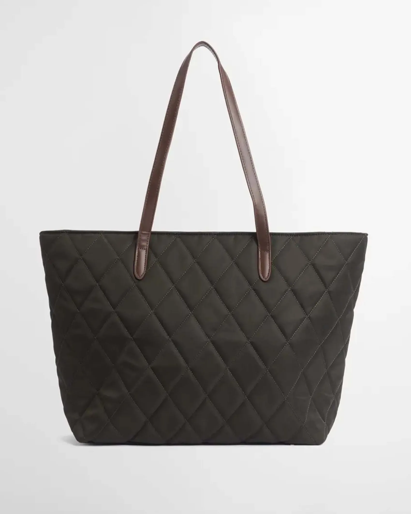 Shopping bag verde militare Barbour in nylon trapuntato con profili in similpelle e pochette staccabile più piccola
