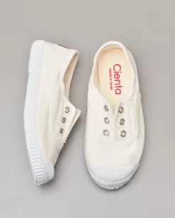 Sneakers bianche senza lacci in canvas di cotone effetto stone washed