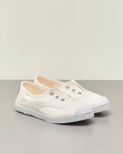 Sneakers bianche senza lacci in canvas di cotone effetto stone washed