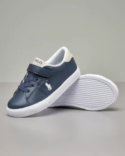 Sneakers blu in ecopelle con doppia chiusura a strappo e stringhe 27-34