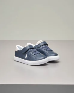Sneakers blu in ecopelle con doppia chiusura a strappo e stringhe 27-34