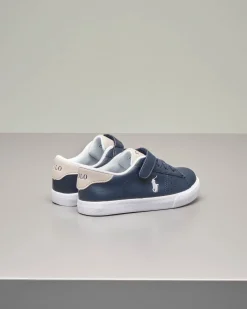 Sneakers blu in ecopelle con doppia chiusura a strappo e stringhe 27-34