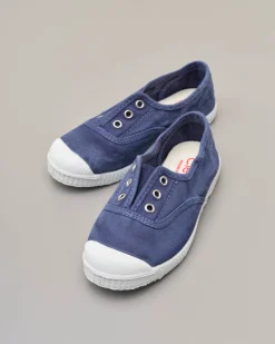 Sneakers blu senza lacci in canvas di cotone effetto stone washed