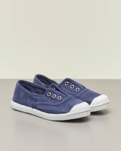 Sneakers blu senza lacci in canvas di cotone effetto stone washed