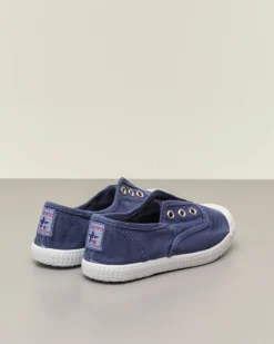 Sneakers blu senza lacci in canvas di cotone effetto stone washed