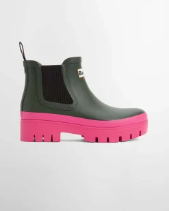 Stivaletti verde militare in gomma modello Halton Barbour con suola alta in gomma fucsia