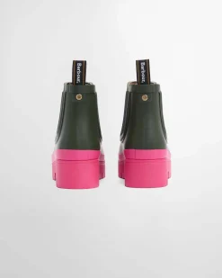 Stivaletti verde militare in gomma modello Halton Barbour con suola alta in gomma fucsia