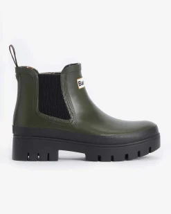 Stivaletti verde militare in gomma modello Halton Barbour con suola alta in gomma a contrasto di colore