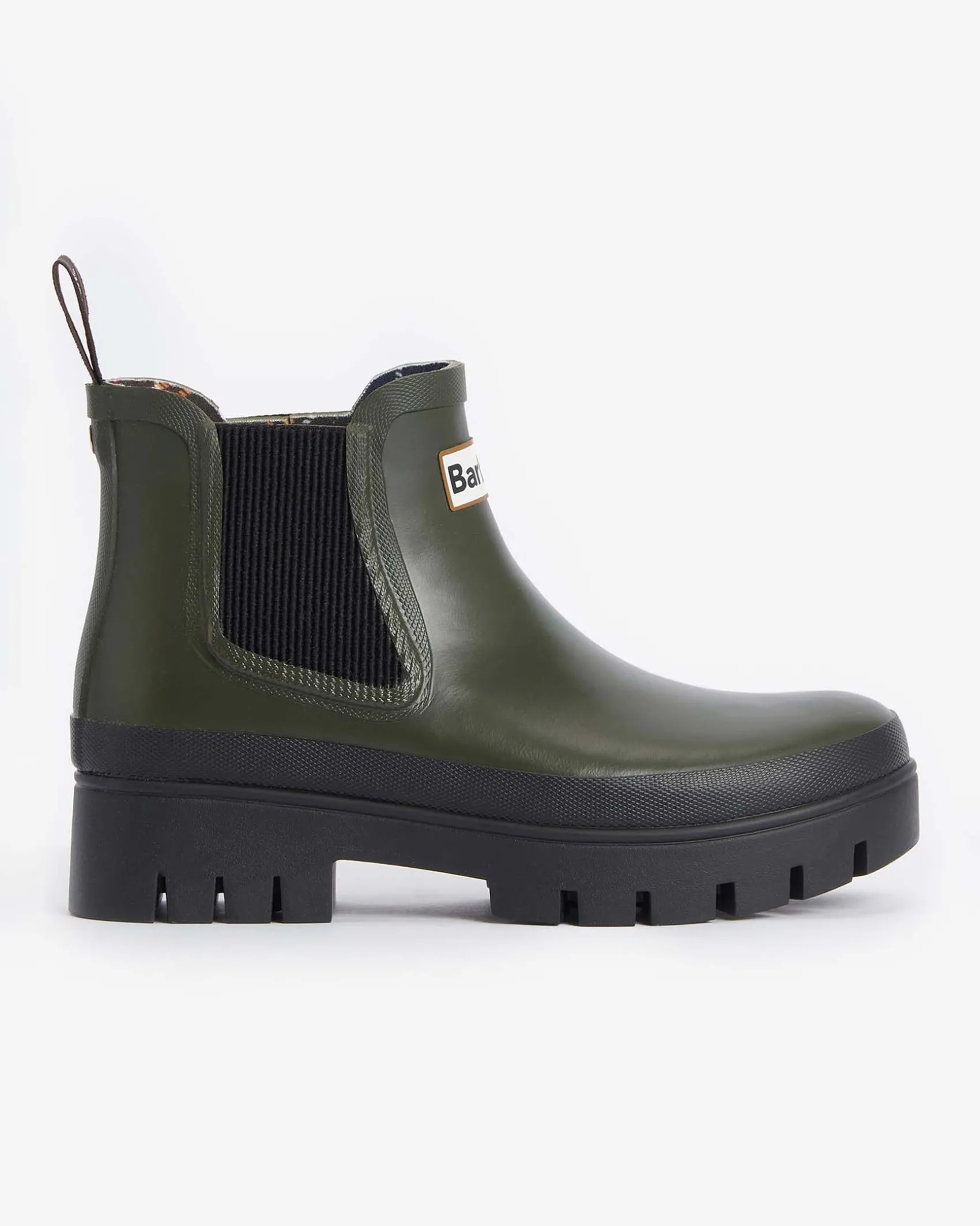Stivaletti verde militare in gomma modello Halton Barbour con suola alta in gomma a contrasto di colore