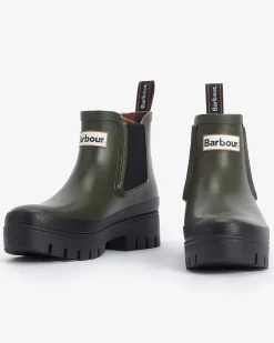 Stivaletti verde militare in gomma modello Halton Barbour con suola alta in gomma a contrasto di colore