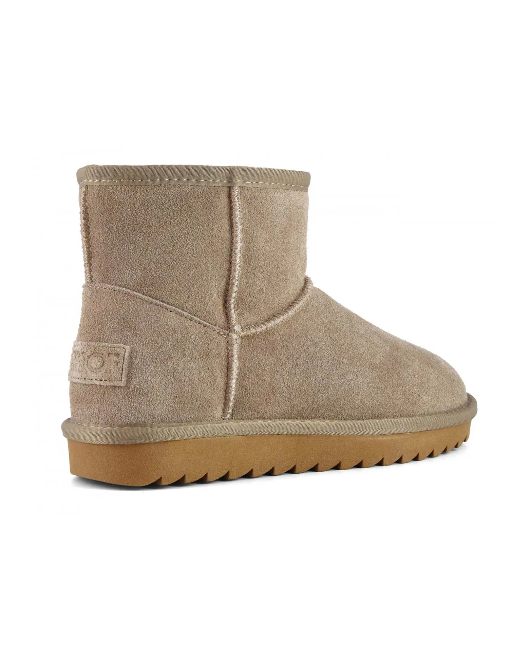Stivaletto color taupe in pelle scamosciata con gambale medio e fodera interna in pelo di misto lana
