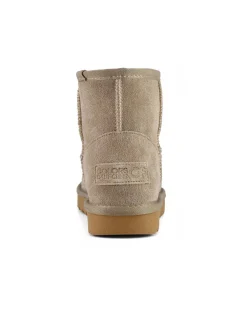 Stivaletto color taupe in pelle scamosciata con gambale medio e fodera interna in pelo di misto lana
