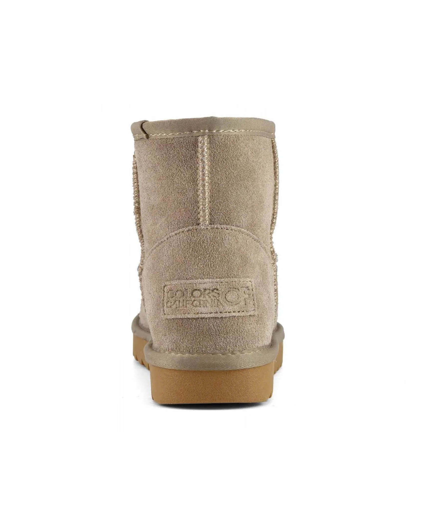 Stivaletto color taupe in pelle scamosciata con gambale medio e fodera interna in pelo di misto lana