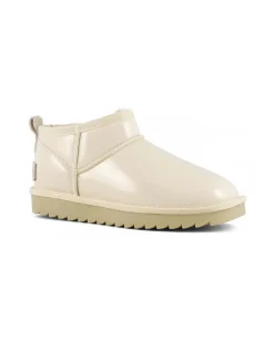 Stivaletto ultra basso beige chiaro in tessuto spalmato effetto lucido con interno in pelo di misto lana