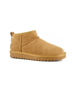 Stivaletto ultra basso color cammello chiaro in pelle scamosciata con fodera interna in pelo di misto lana