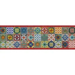 Tappeto Camastra a fantasia piastrelle siciliane multicolor e bordo rosso 52x180 cm