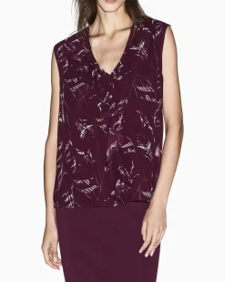 Top Armani Exchange bordeaux in viscosa con stampa foglie e scollo a V