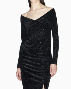 Top Armani Exchange nero in tessuto elasticizzato effetto velluto con dettagli glitterati