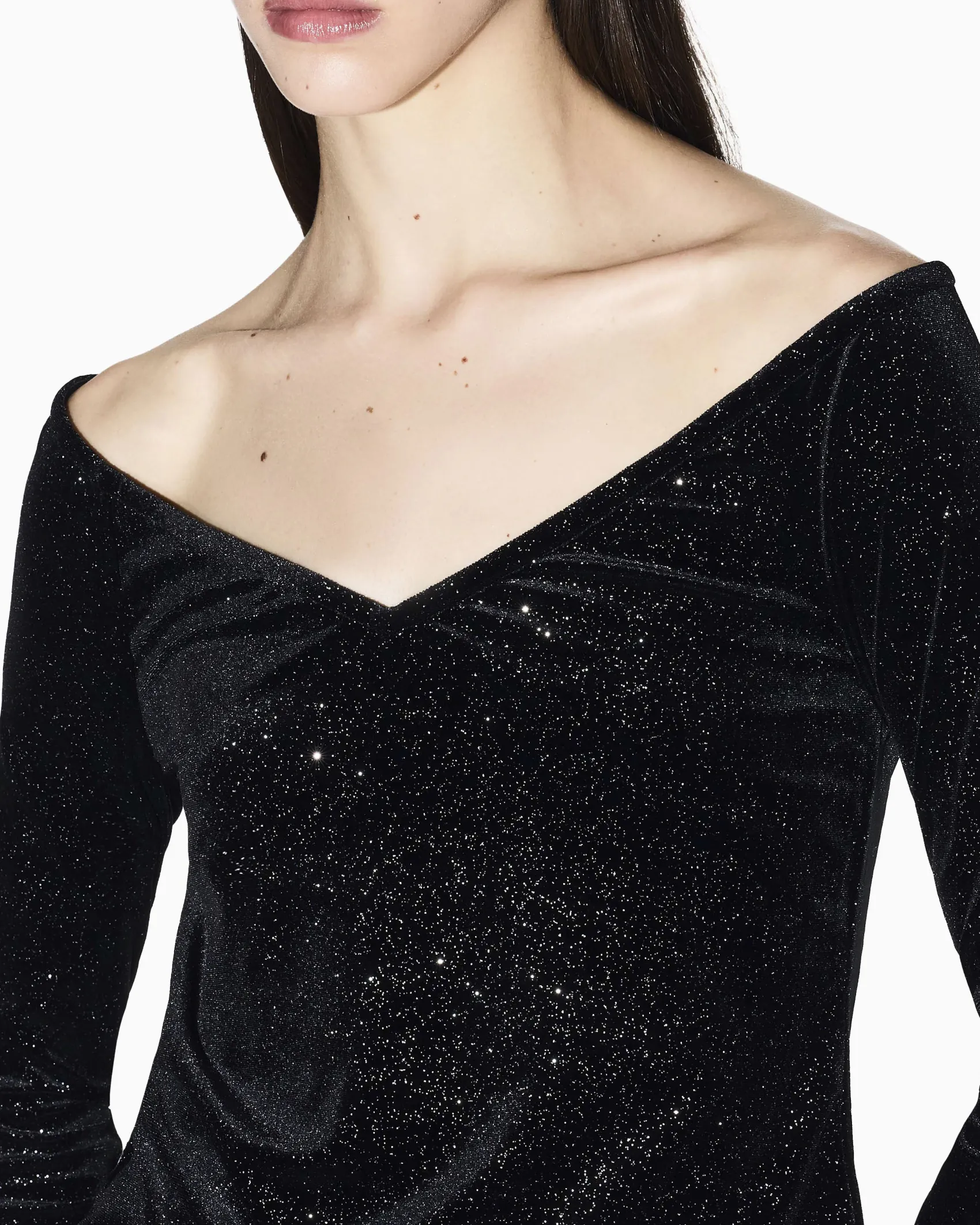 Top Armani Exchange nero in tessuto elasticizzato effetto velluto con dettagli glitterati