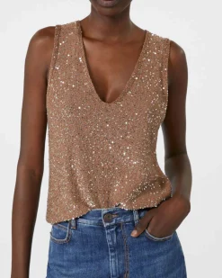 Top color moca senza maniche Weekend Max Mara in misto cotone con paillettes