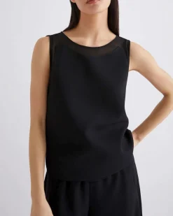 Top nero in crêpe envers satin Marella 365 senza maniche con inserti in georgette