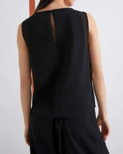Top nero in crêpe envers satin Marella 365 senza maniche con inserti in georgette