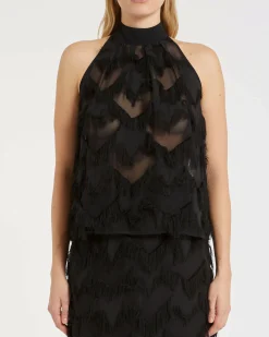 Top nero Marella in georgette a motivo a rombi con frange applicate e scollo all'americana