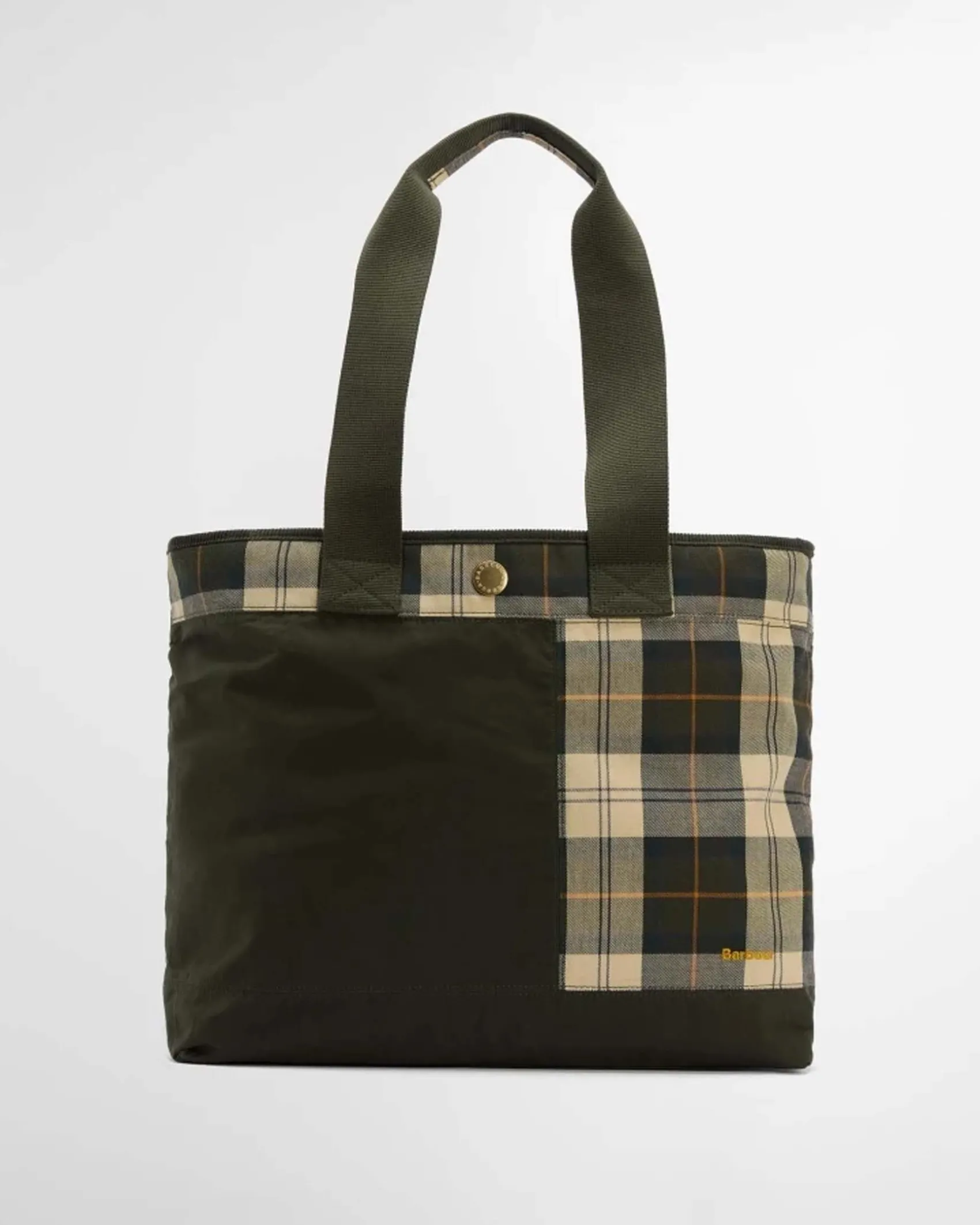 Tote bag Barbour Mya in cotone cerato verde con inserti in tartan di cotone