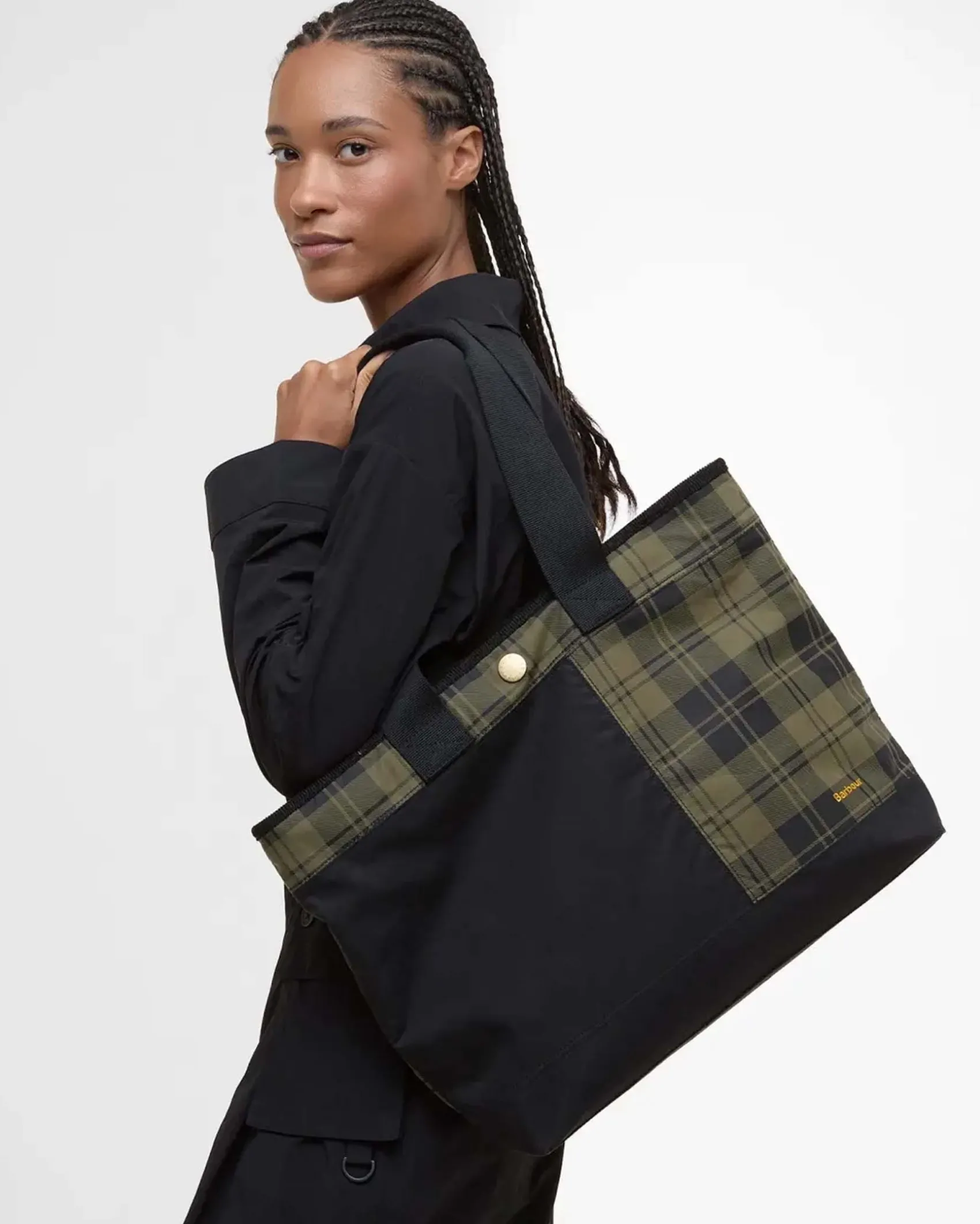 Tote bag Barbour Mya in cotone cerato verde con inserti in tartan di cotone