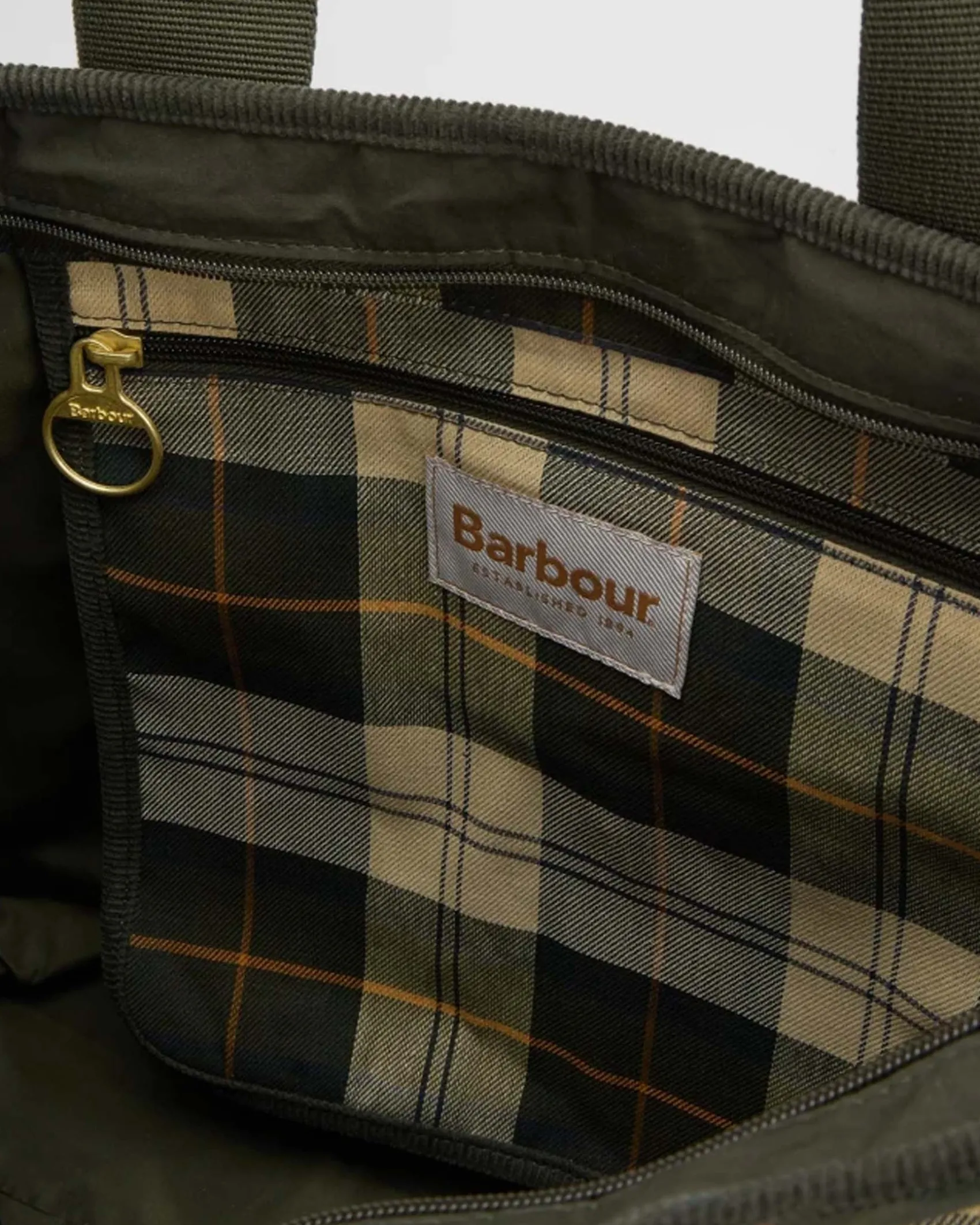 Tote bag Barbour Mya in cotone cerato verde con inserti in tartan di cotone