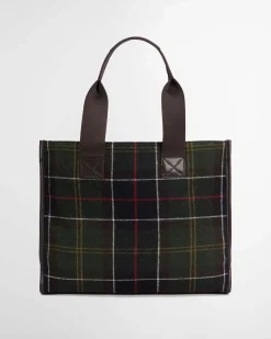 Tote bag Barbour Turnberry in tartan verde e blu di misto lana con manici marroni rifiniti in similpelle