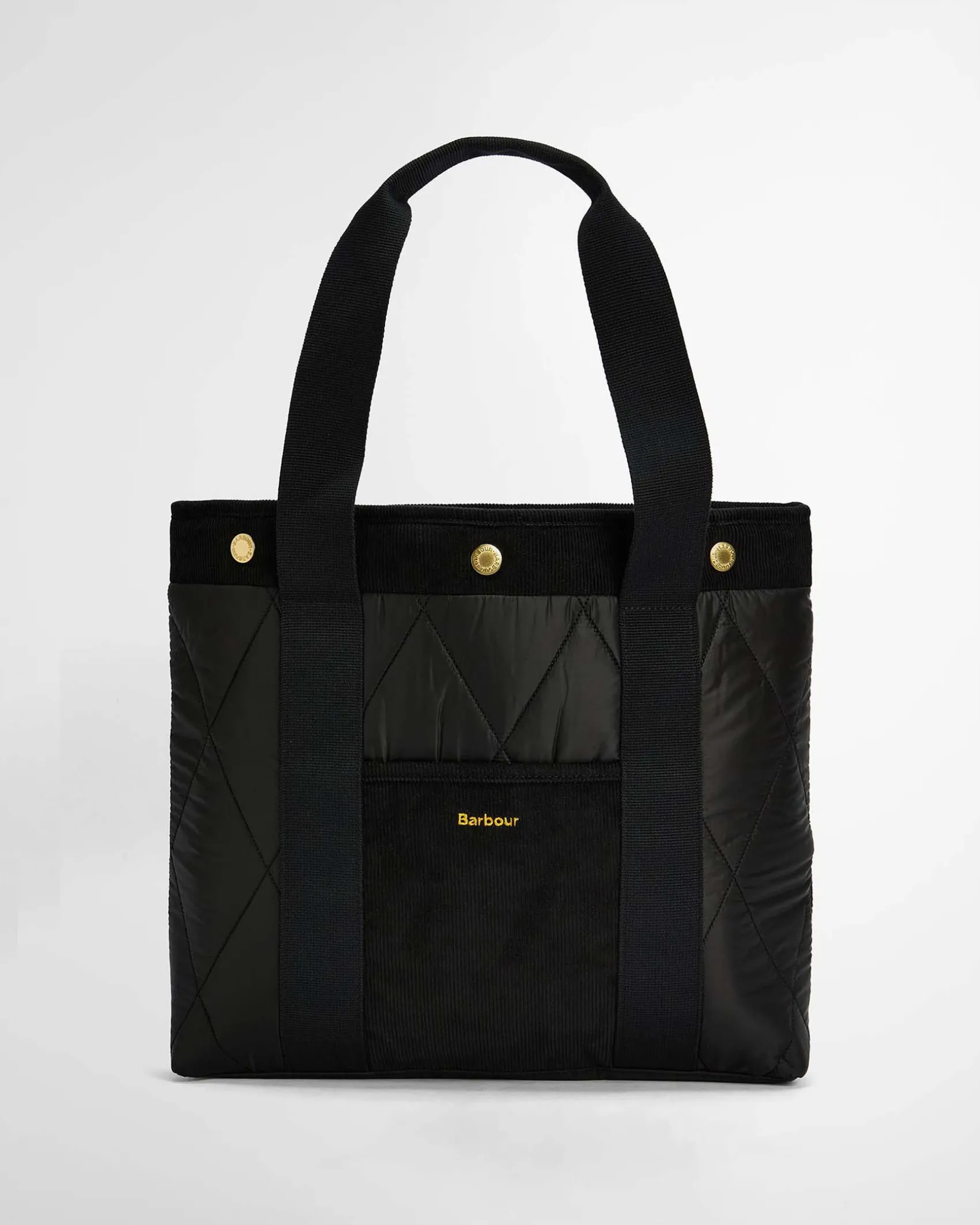 Tote bag Healy Barbour nera in tessuto trapuntato a rombi con tasca esterna in velluto a costine