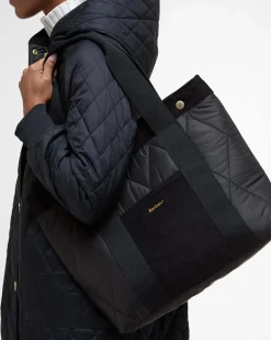 Tote bag Healy Barbour nera in tessuto trapuntato a rombi con tasca esterna in velluto a costine