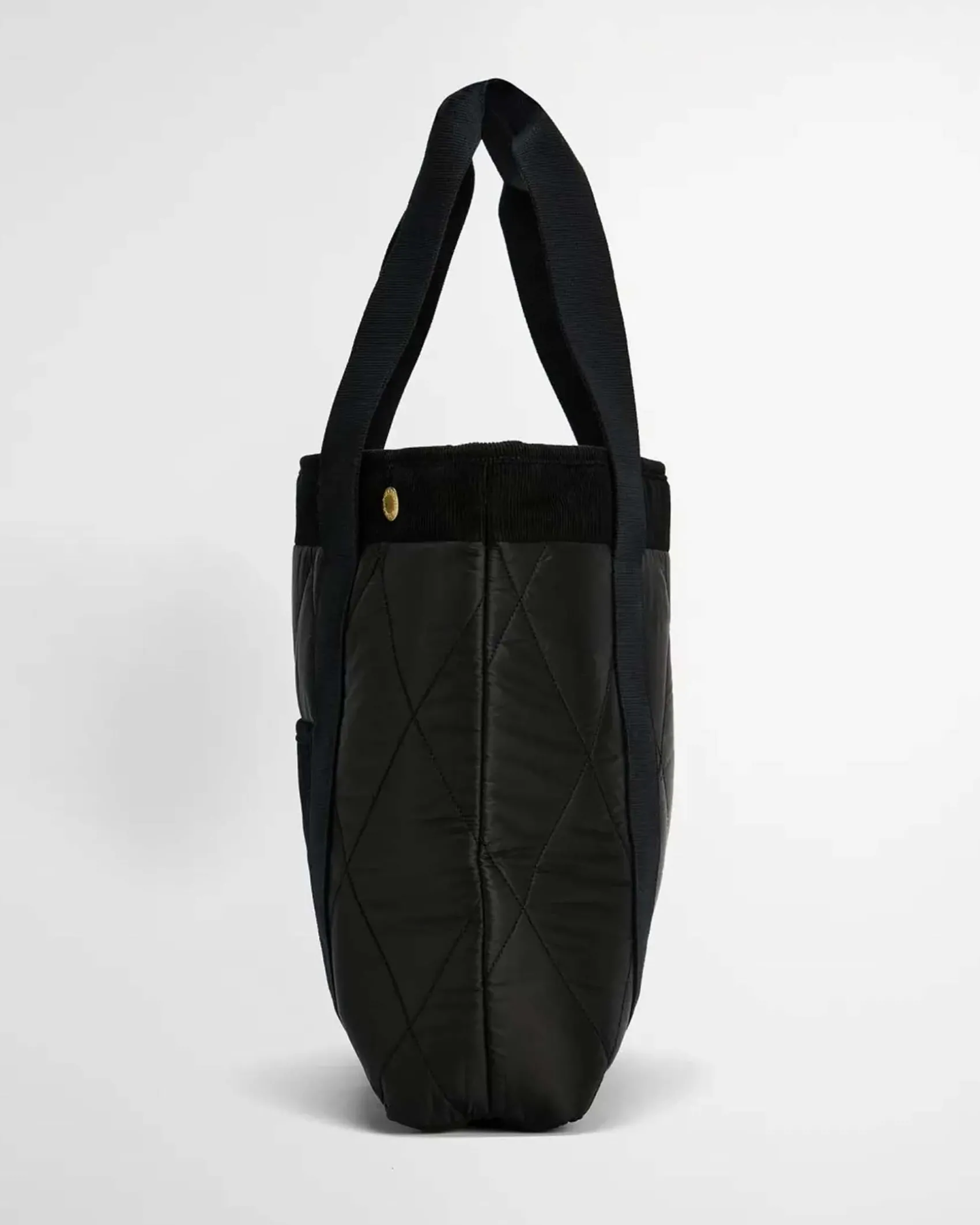 Tote bag Healy Barbour nera in tessuto trapuntato a rombi con tasca esterna in velluto a costine