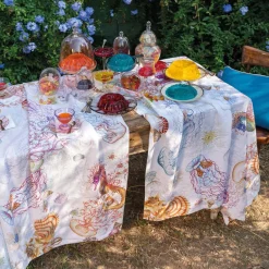 Tovaglia rettangolare in canapa bianca 160x230cm a stampa meduse e cavallucci marini